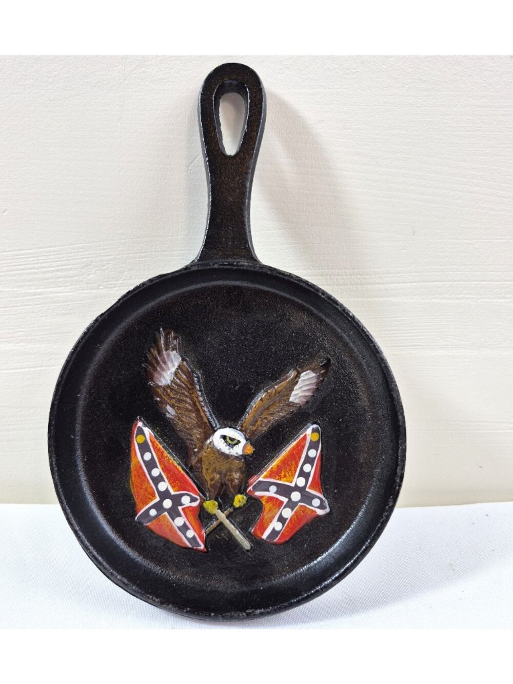 Vintage Cast Iron Mini Skillet Wall Plaque Eagle Confederate Flags Unmarked